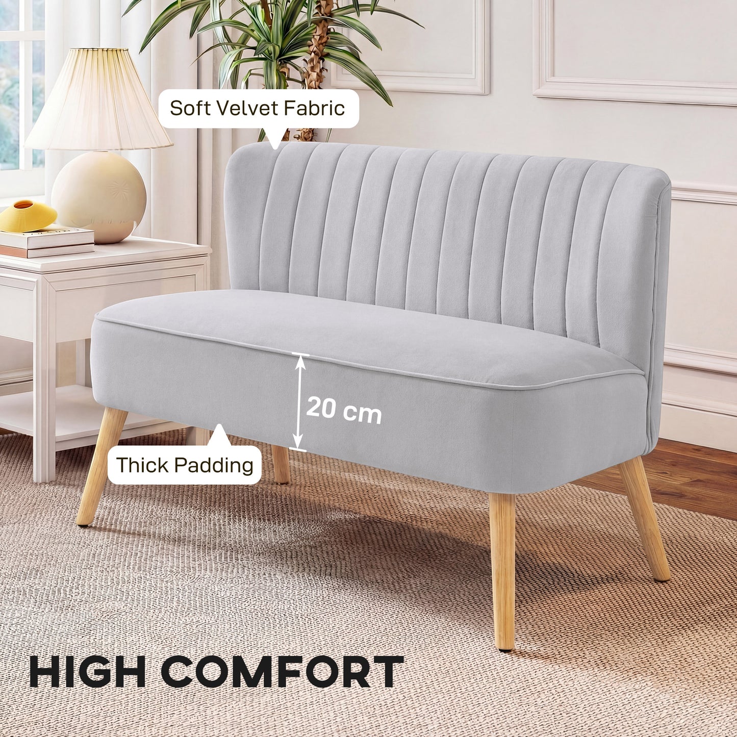 Modern Velvet Double Seat Sofa w/ Wood Frame Foam Padding Soft Comfortable Compact Couch Light Grey