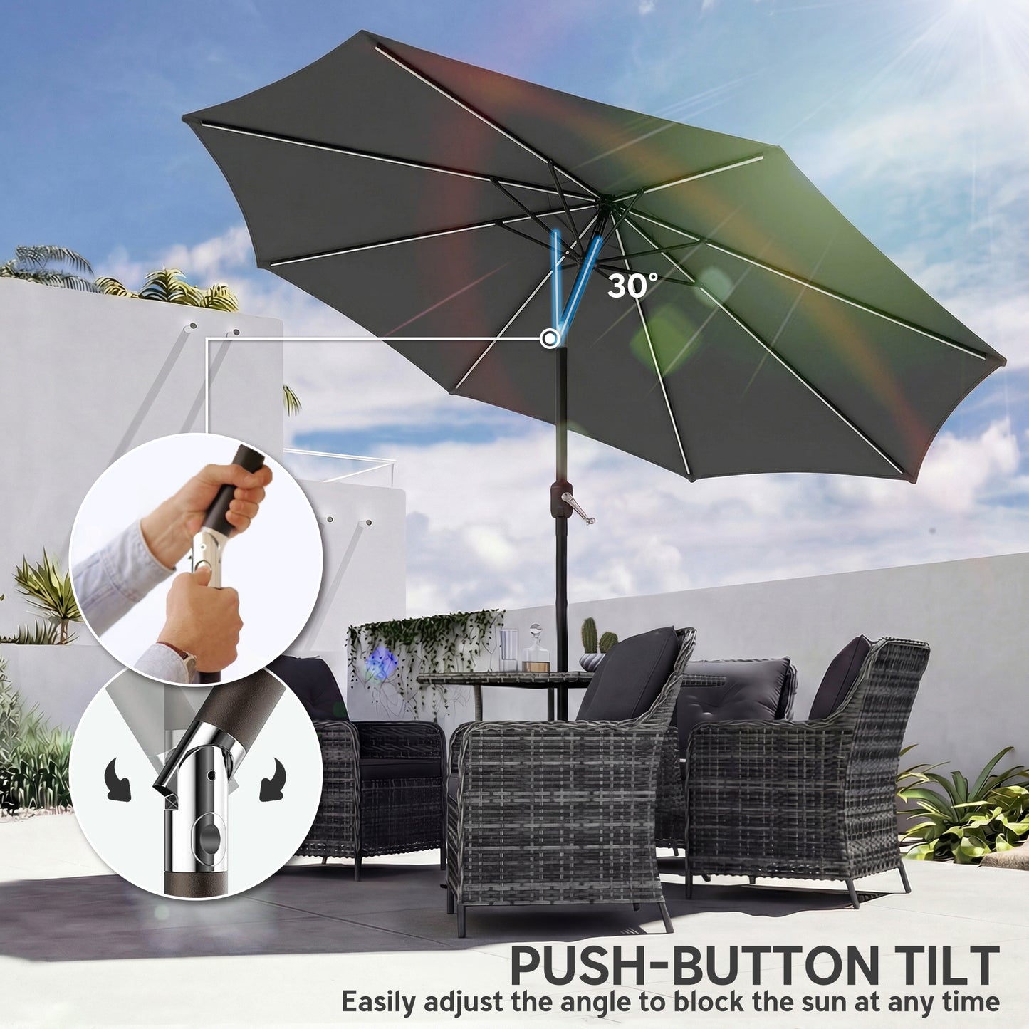 3 m Garden Parasol Umbrella with 112 Solar Powered LED Lights, Patio Umbrella with Crank Handle, Grey