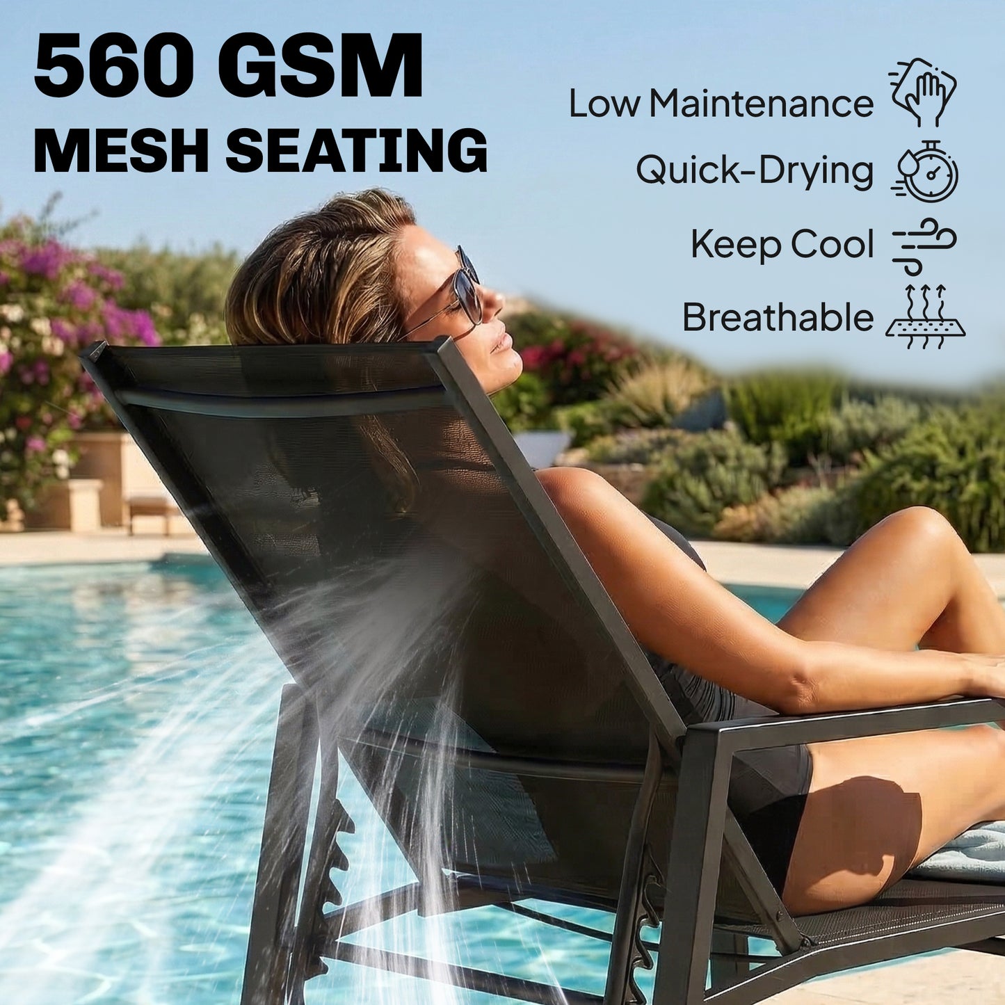 Sun Loungers Set of 2 Retractable Footrest 5-Position Adjustable Steel Frame for Beach, Porch, Patio, Camping, Black