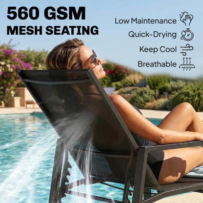 Sun Loungers Set of 2 Retractable Footrest 5-Position Adjustable Steel Frame for Beach, Porch, Patio, Camping, Black