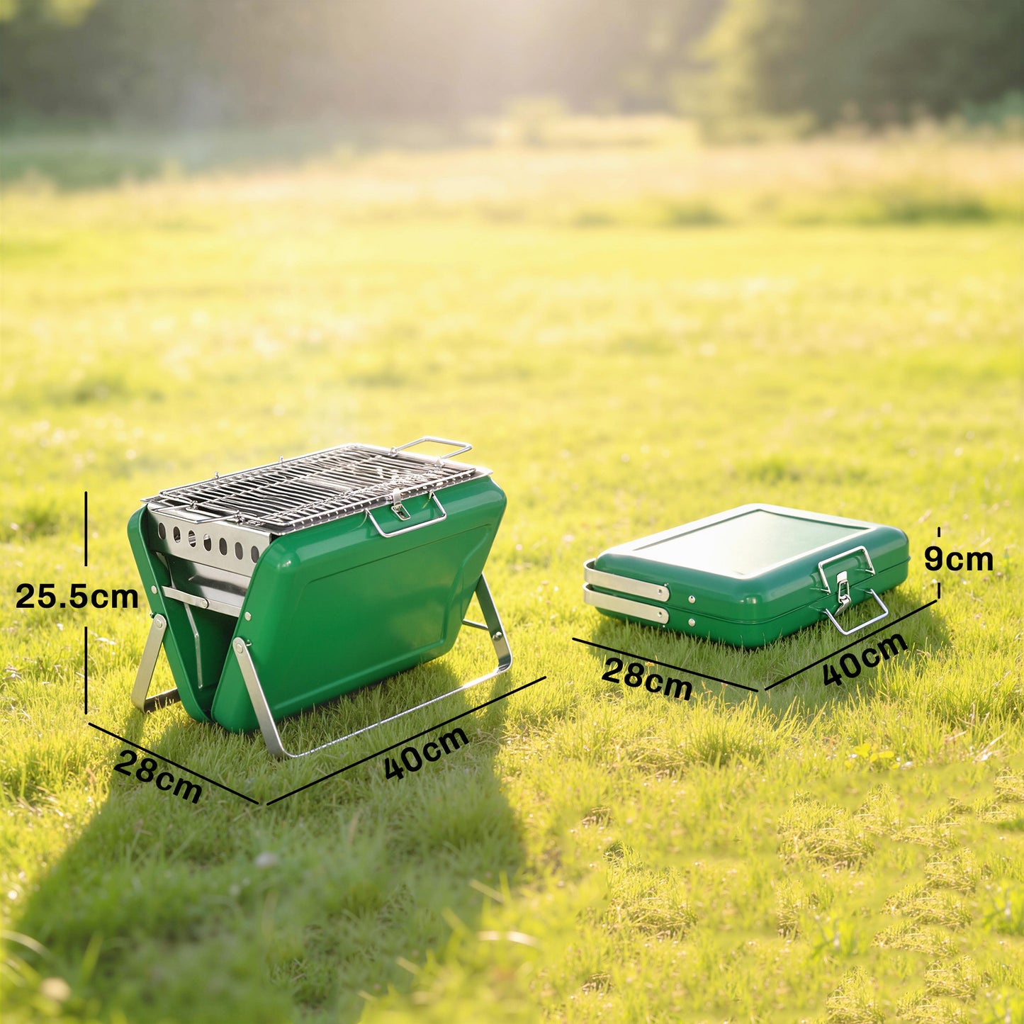 Charcoal BBQ Grill Portable Stainless Steel Barbecue with Tilting Grate for Camping Picnic Garden Dark Green
