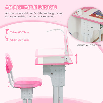 Kids Desk and Chair Set Adjustable Height Study Table Set with Drawer, Book Stand, Pen Slot - Pink