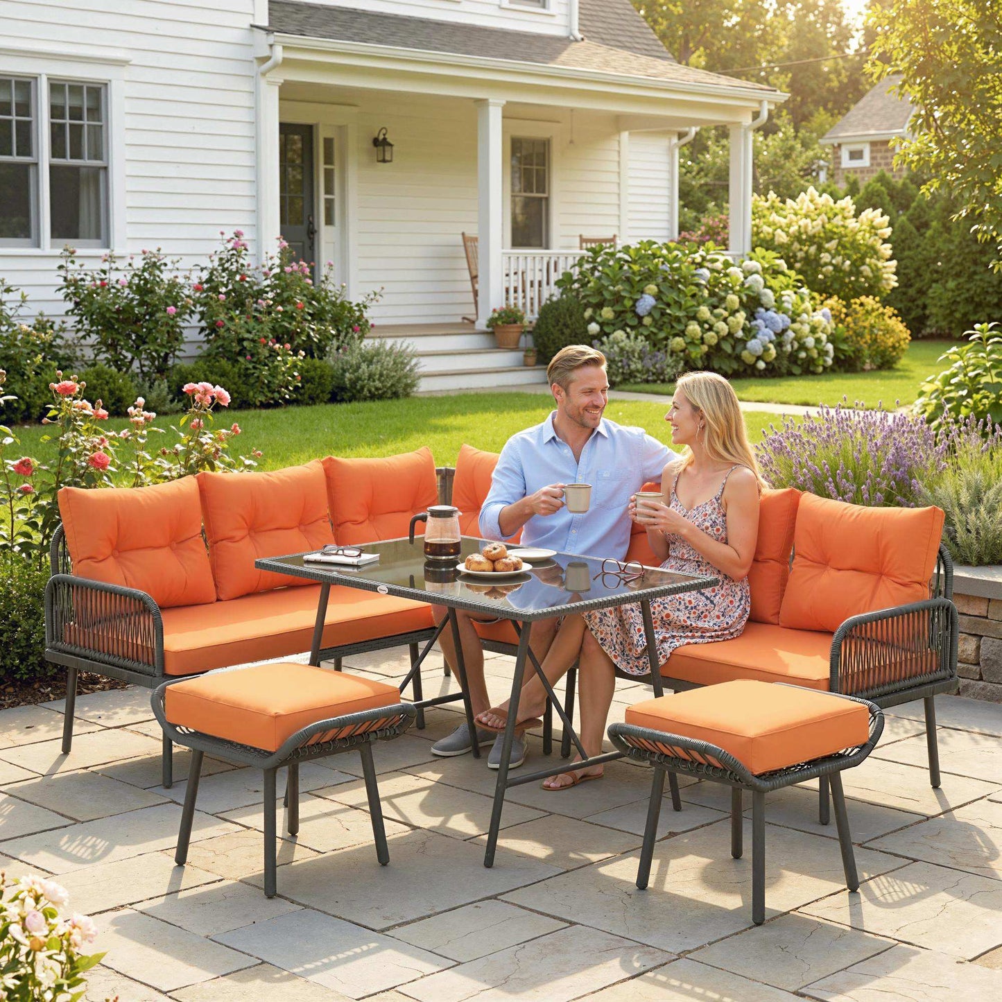 6 Piece Rattan Garden Furniture Set, 8 Seater Garden Corner Sofa with Cushions and Glass Top Table, Orange
