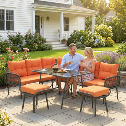 6 Piece Rattan Garden Furniture Set, 8 Seater Garden Corner Sofa with Cushions and Glass Top Table, Orange
