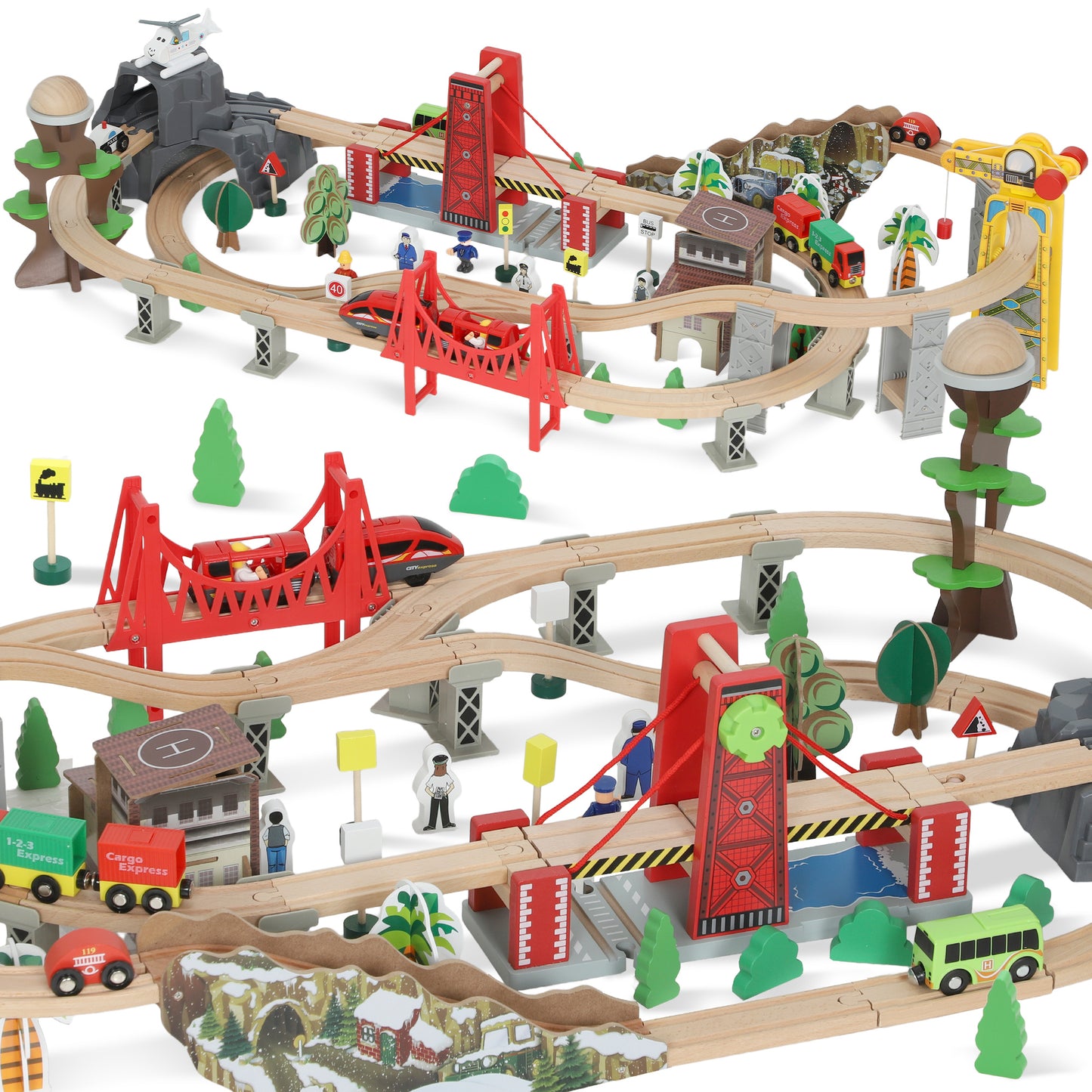 100 Piece Wooden Train Set for Kids 3+ Years with Track, Crane, Battery Operated Train