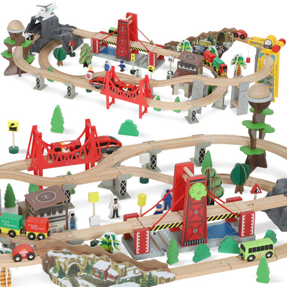 100 Piece Wooden Train Set for Kids 3+ Years with Track, Crane, Battery Operated Train