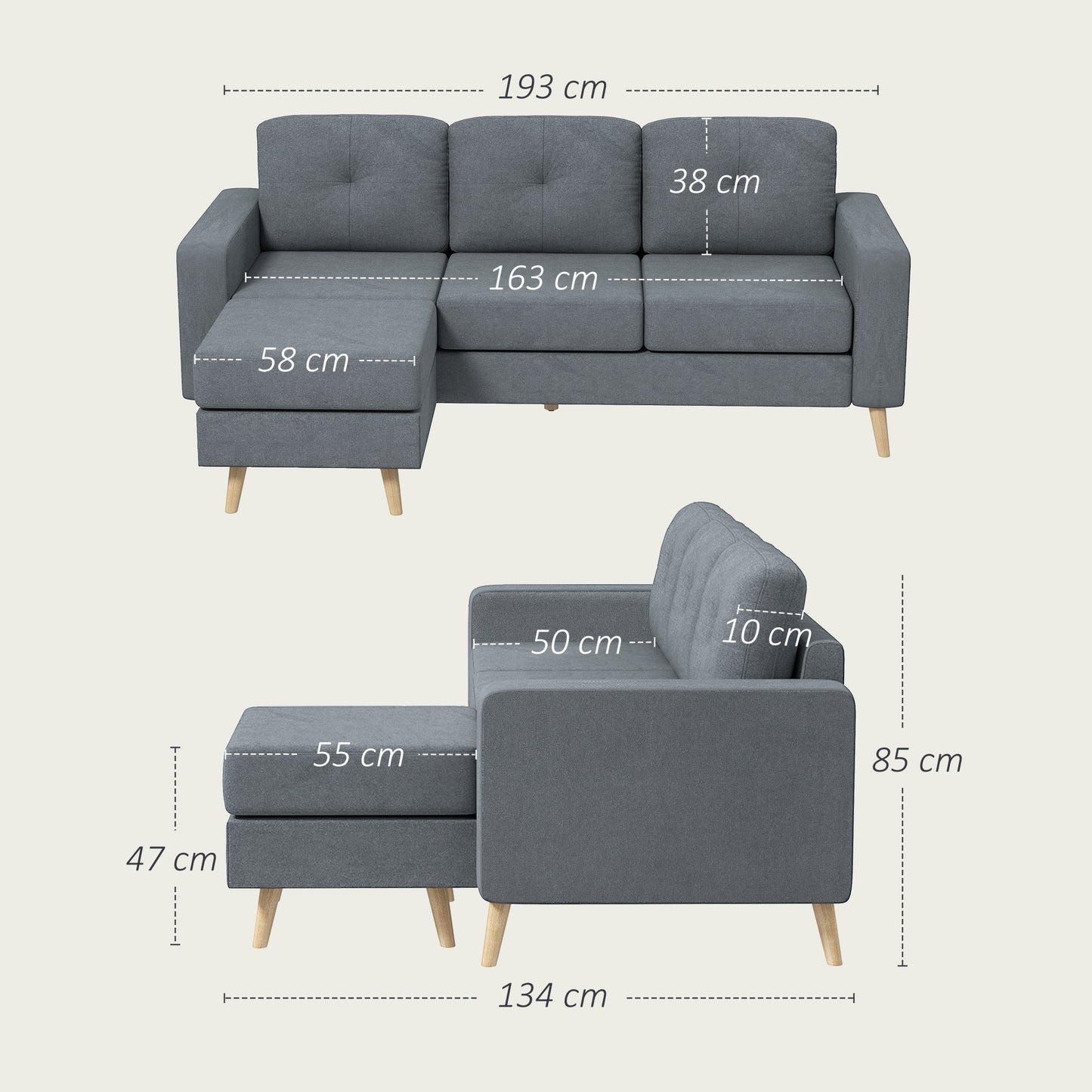 3 Seater Sofa with Footstool, Fabric L-Shaped Sofa, Sectional Couch with Wood Legs, Tufting Cushioned Back for Small Space