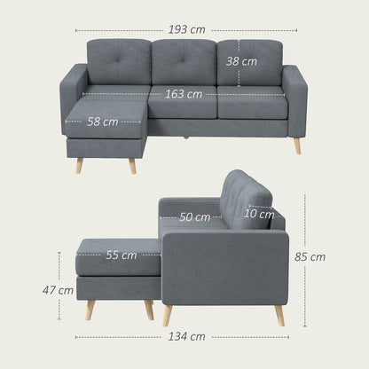 3 Seater Sofa with Footstool, Fabric L-Shaped Sofa, Sectional Couch with Wood Legs, Tufting Cushioned Back for Small Space