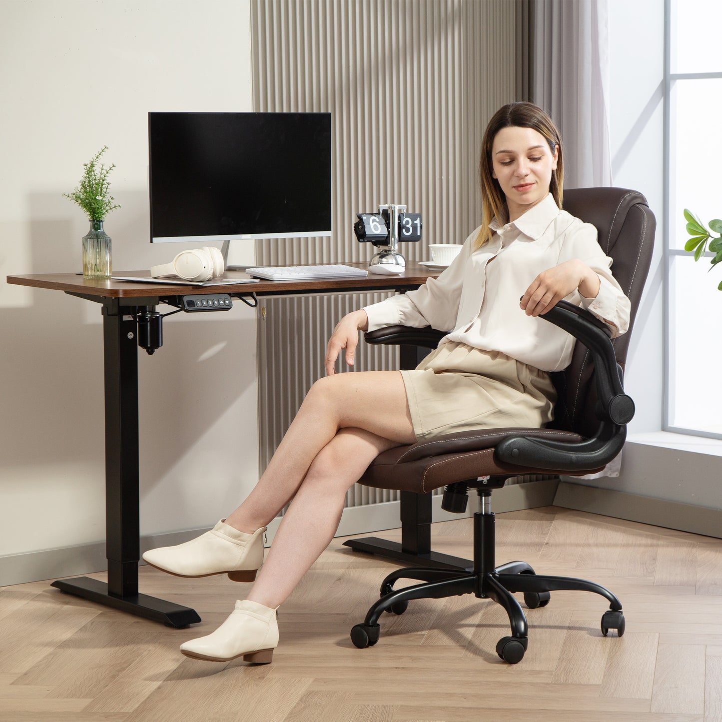 Faux Leather Office Chair. with Flip-Up Armrests - Brown