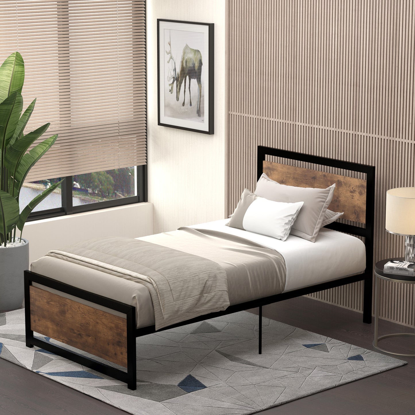 Single Size Metal Bed Frame with Headboard & Footboard, Strong Slat Support Solid Bedstead Base w/ Underbed Storage Space