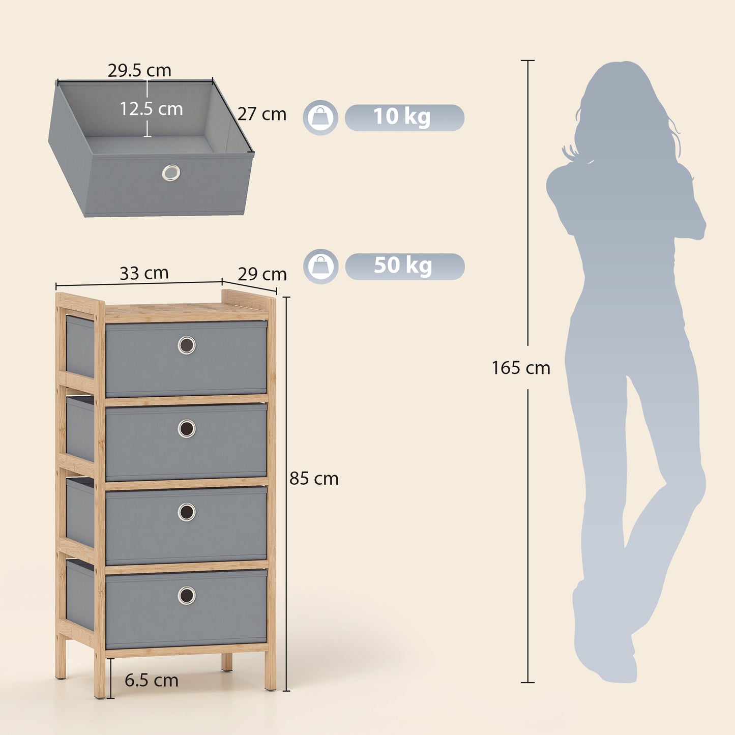 Chest of Drawers, 4 Fabric Drawers Narrow Dresser with Bamboo Frame, Light Grey