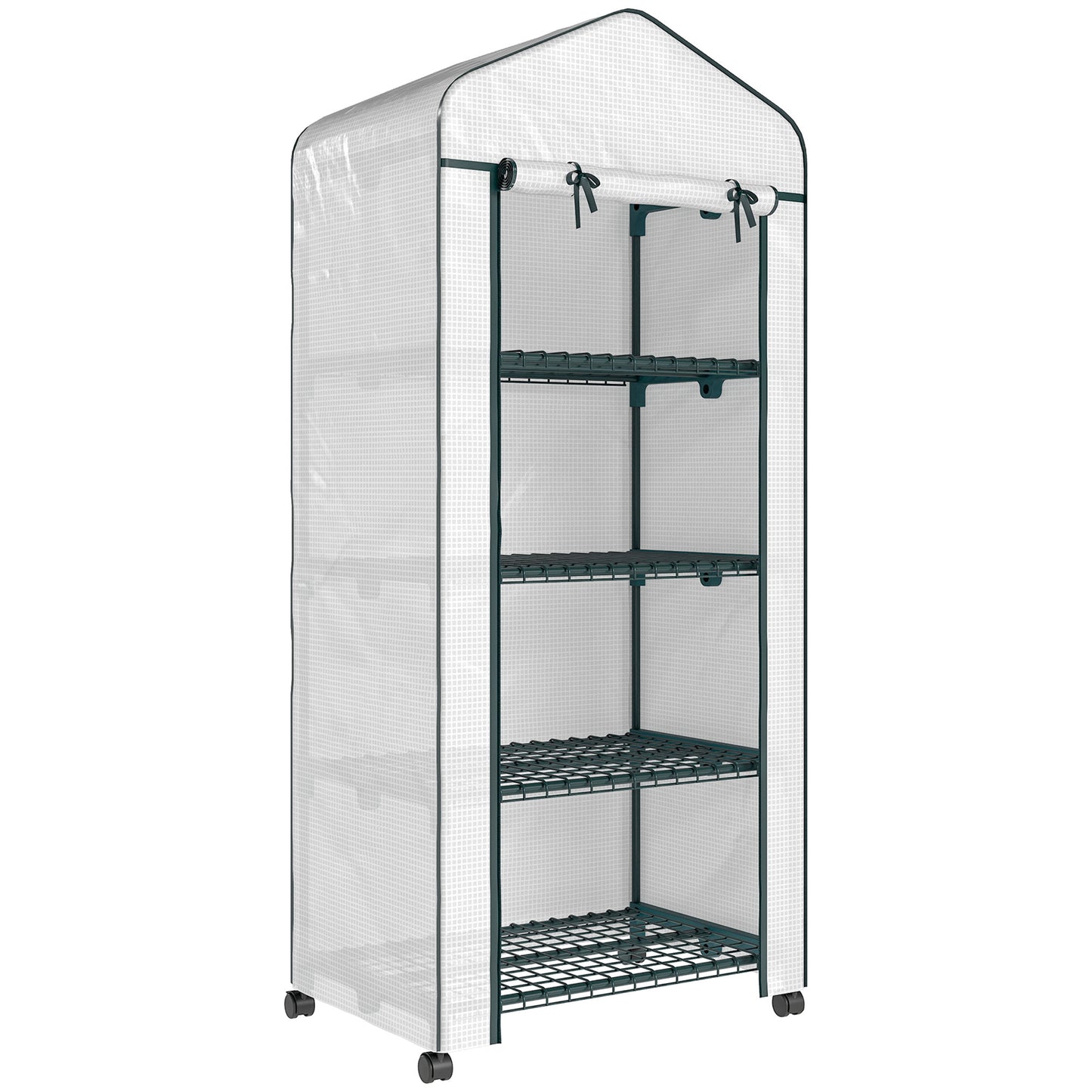 4 Tier Mini Portable Greenhouse Compact Plant Grow Shed Metal Frame PE Cover with Lockable Rolling Wheels, White