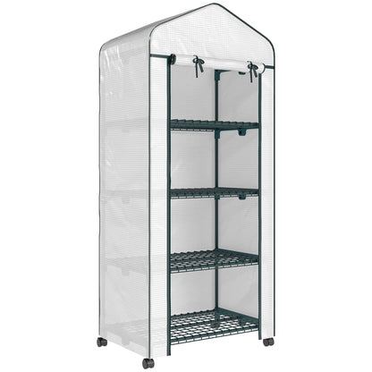 4 Tier Mini Portable Greenhouse Compact Plant Grow Shed Metal Frame PE Cover with Lockable Rolling Wheels, White