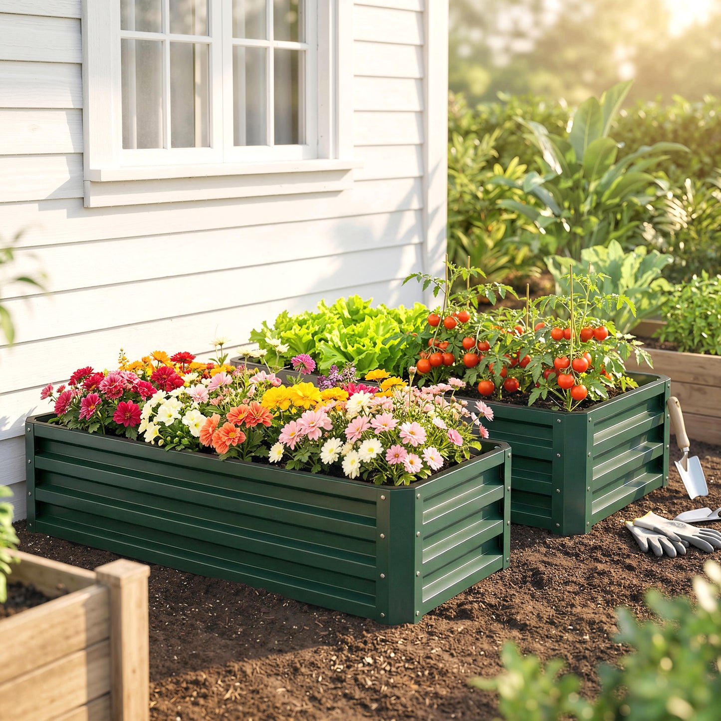 Set of Two 110 x 50 cm Steel Planter Boxes - Green