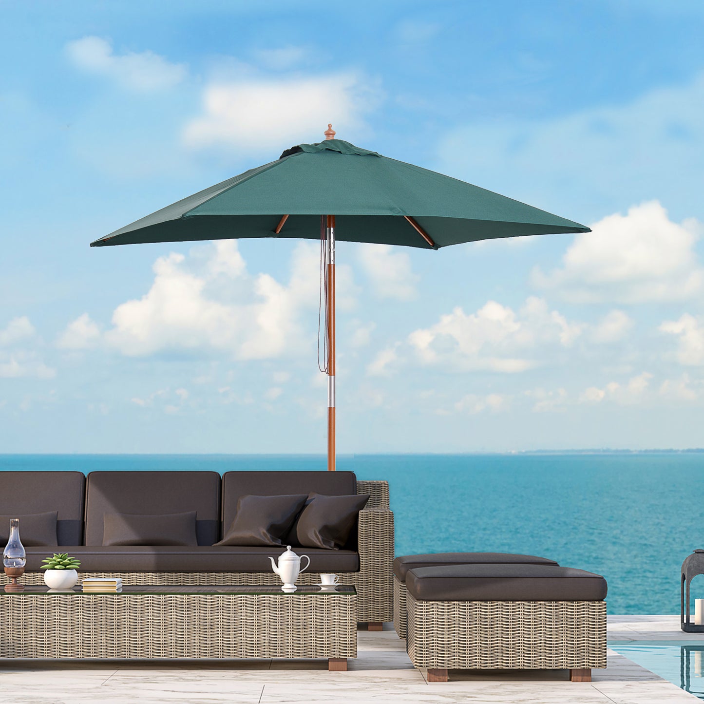 2m x 1.5m Garden Parasol Umbrella with Tilting Sunshade Canopy, Outdoor Market Table Umbrella with Wood and Bamboo Frame