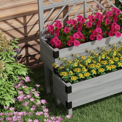 Raised Garden Bed with Trellis, 2-Tier Wooden Elevated Planter Box for Vegetables, Flowers, Herbs, Grey