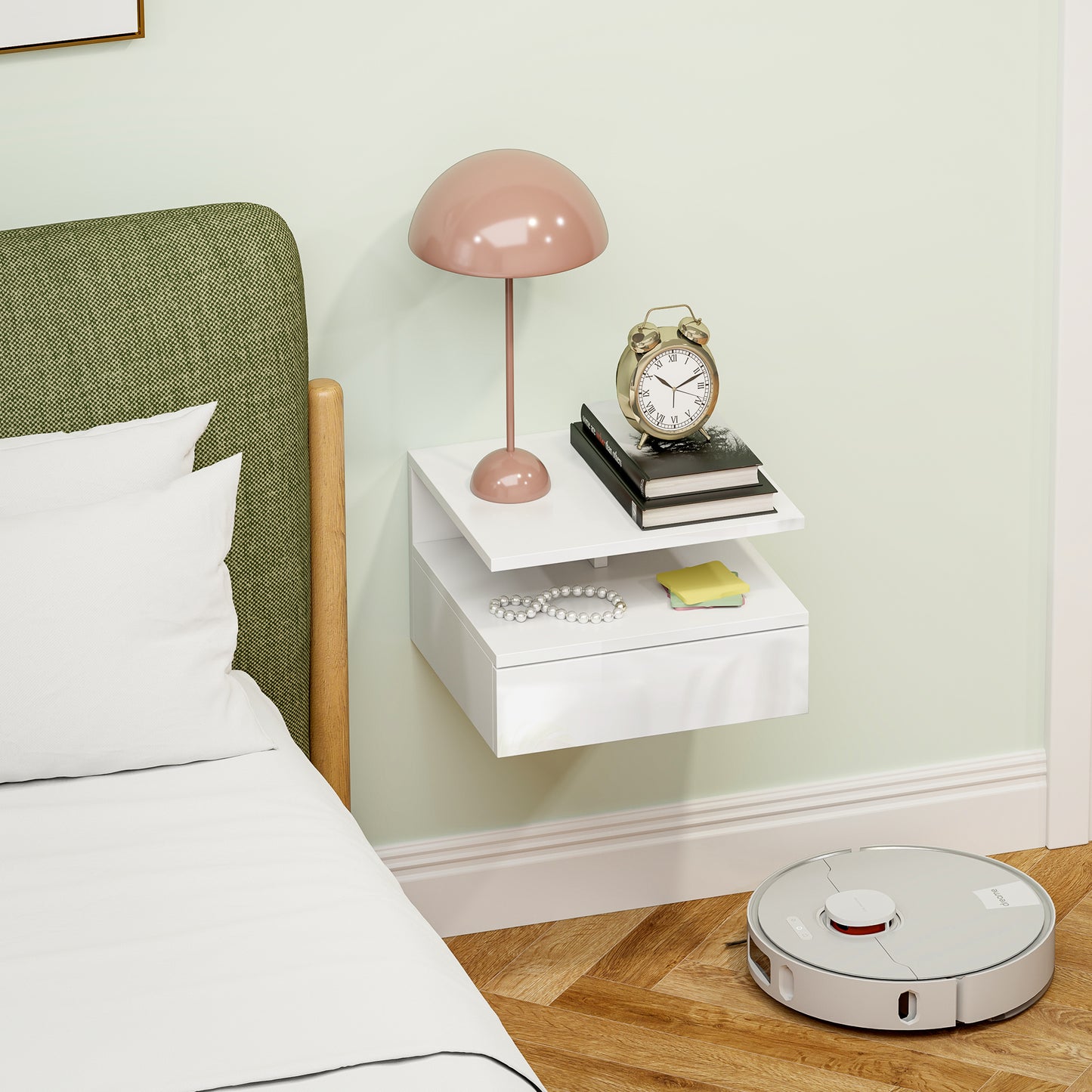Floating High Gloss Bedside Table - High Gloss White