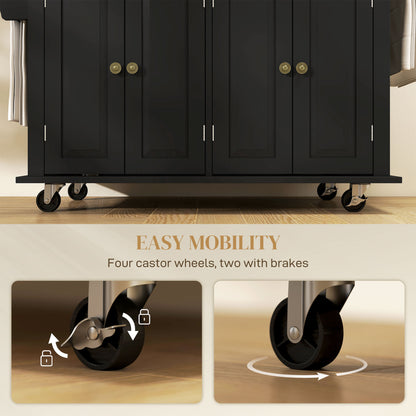 Rolling Kitchen Island Storage Trolley with Rubber Wood Top & Drawers for Dining Room, Black