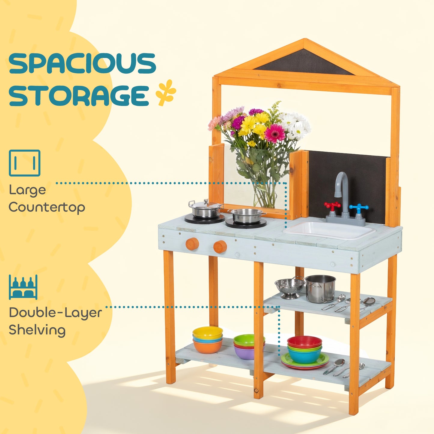 Mud Kitchen for Kids, Outdoor Wooden Play Kitchen with Sink, Stove, Cookware, Shelves, Pretend Play Toy for Ages 3-8