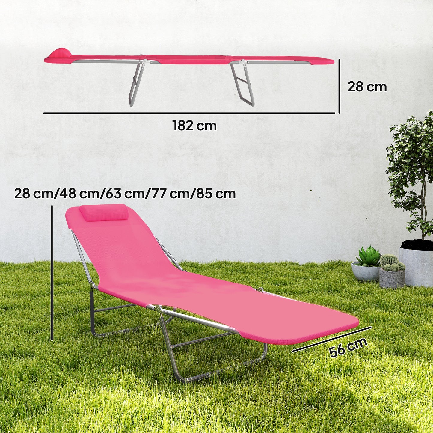 Folding Sun Lounger with Head Pillow - Pink