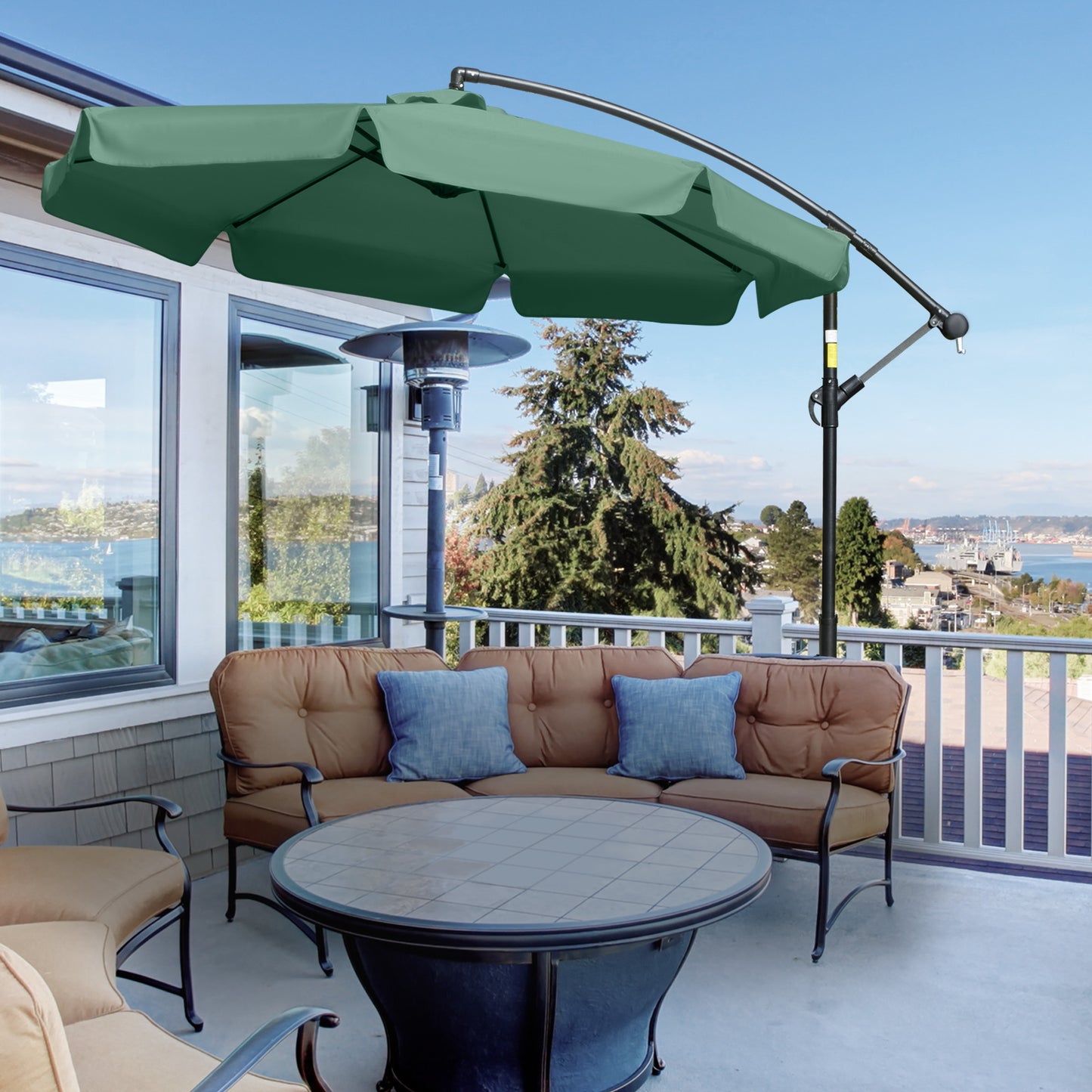 2.7m Garden Parasol Cantilever Umbrella with Crank Handle and Cross Base for Outdoor, Hanging Sun Shade, Green