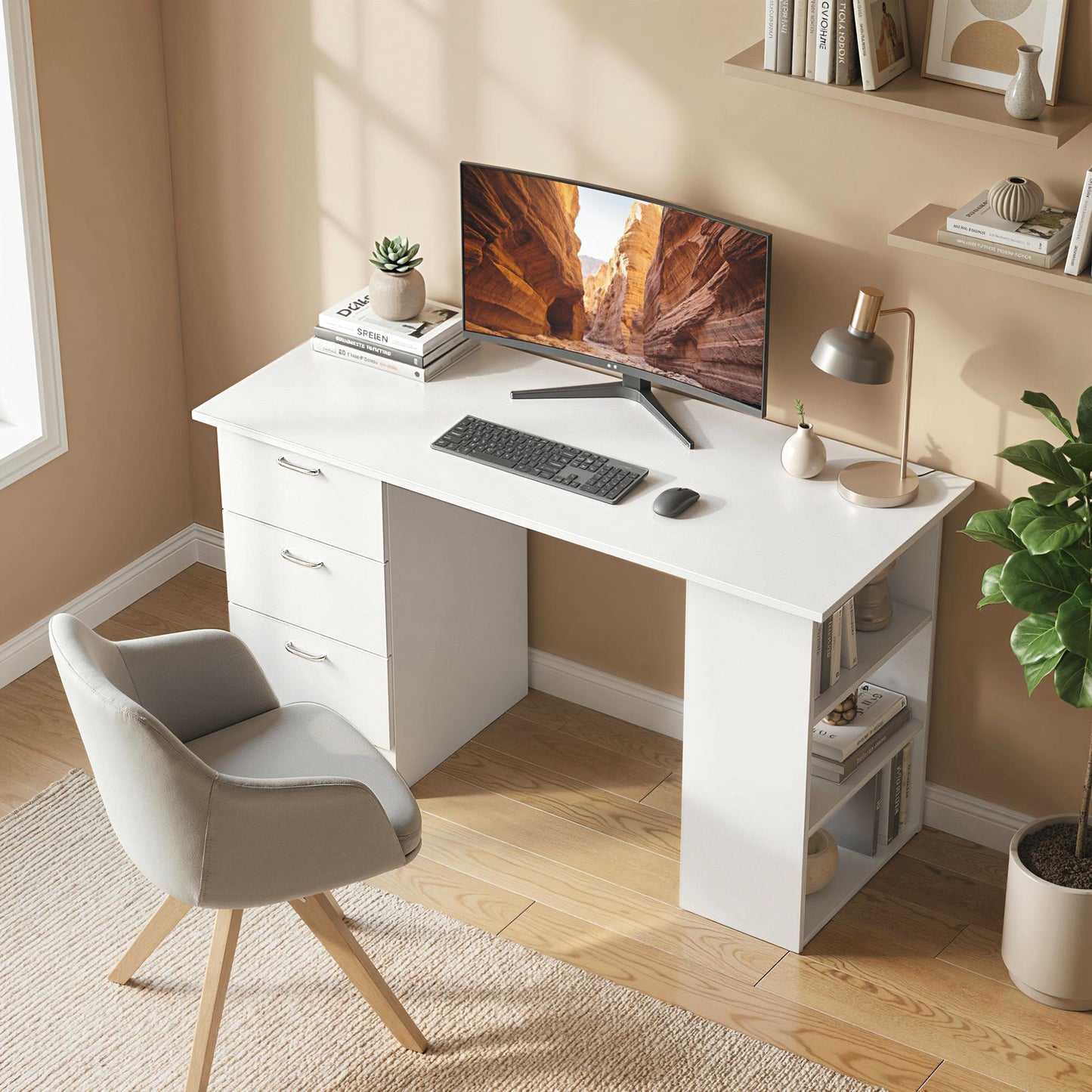Computer Desk with Drawers, Home Office Desk, Writing Table, PC Workstation with 3 Storage Shelves for Working, Study