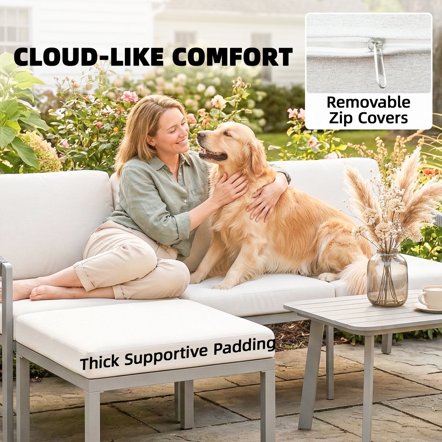 3 Piece Garden Dining Set, Outdoor Patio Furniture with 3 Seater Sofa, Footstool, Coffee Table and Cuhsions