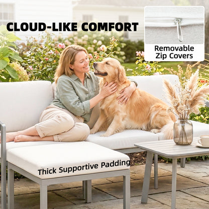 3 Piece Garden Dining Set, Outdoor Patio Furniture with 3 Seater Sofa, Footstool, Coffee Table and Cuhsions