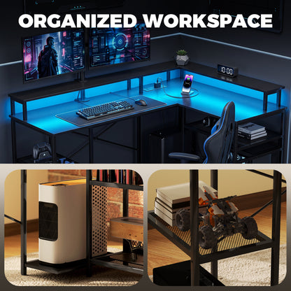 L Shaped Gaming Desk with LED Lights and Power Outlets, 150cm Corner Computer Desk for Small Space, Black