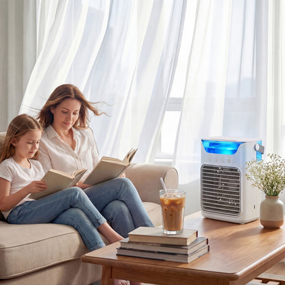 Air Cooler with Adjustable Head, Portable Air Conditioner with 3 Wind Speed, 2 Cool Mist, RGB Light, Grey