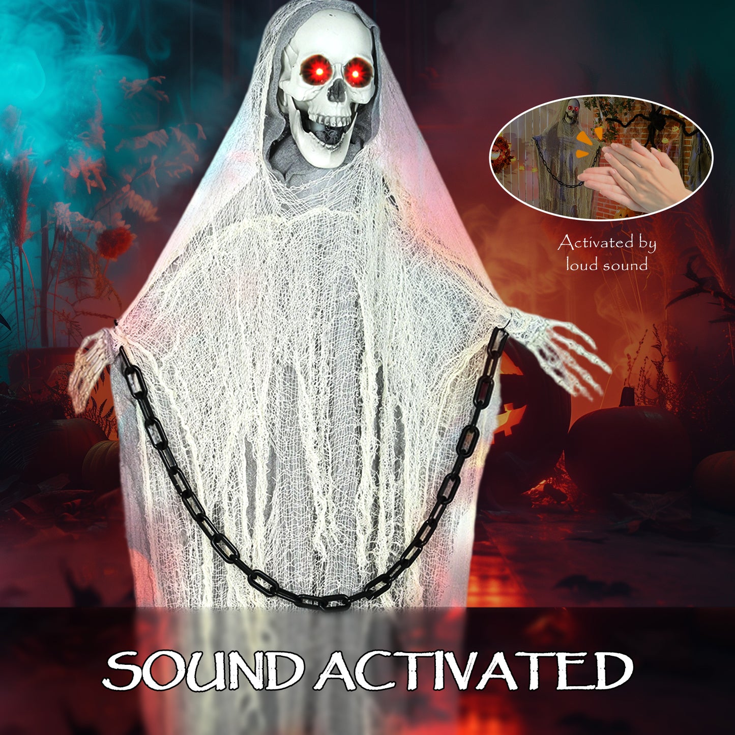 183 cm Life Size Halloween Animated Skeleton Grim Reaper with Glowing LED Eyes, Scary Halloween Decorations