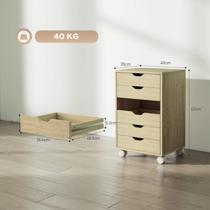 6 Drawer Vertical File Cabinet, Mobile Filing Cabinet with Quiet Drawers and Wheels with 2 Brakes, Oak Wood Effect