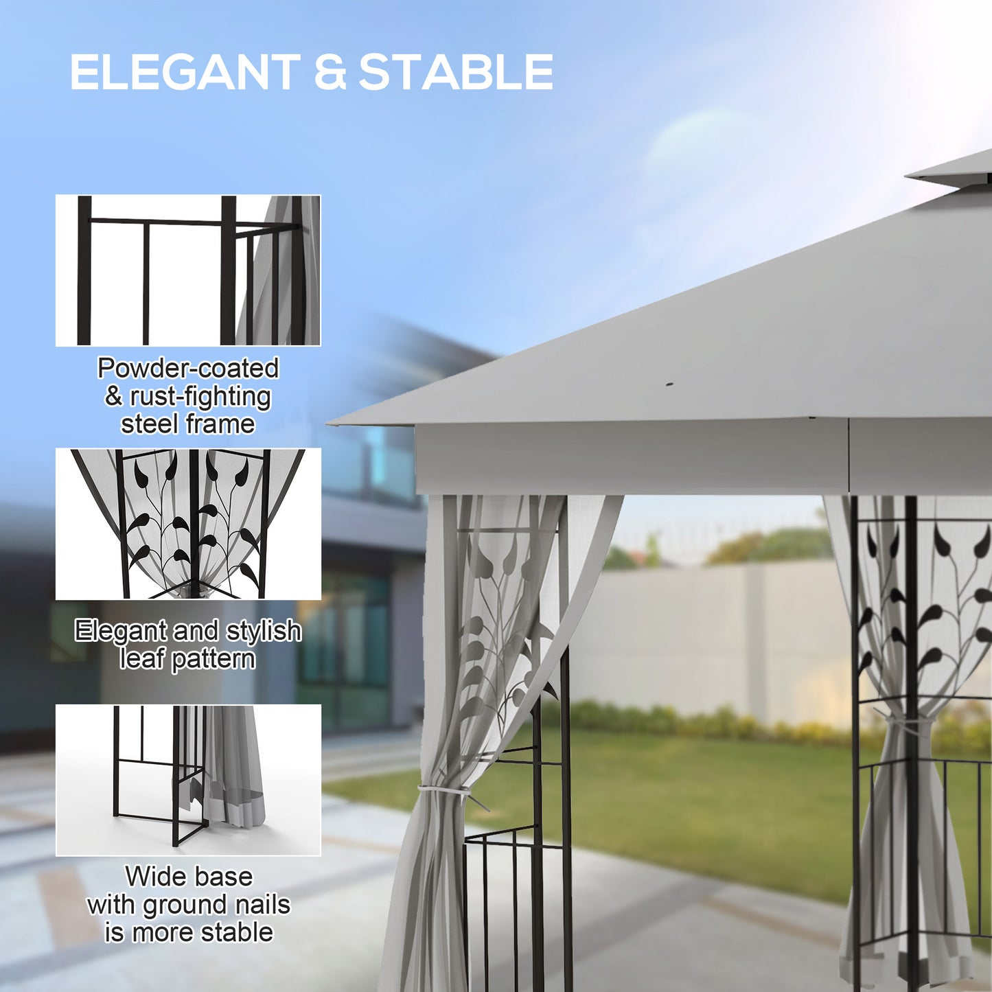 3 x 3m Steel Frame Double Roof Garden Gazebo - Light Grey