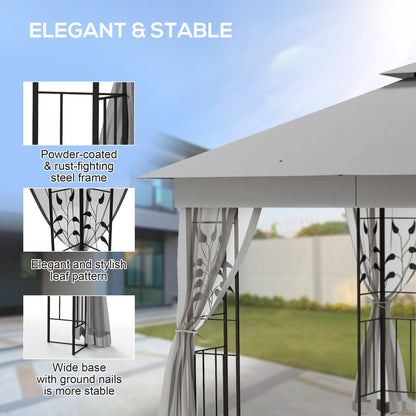 3 x 3m Steel Frame Double Roof Garden Gazebo - Light Grey