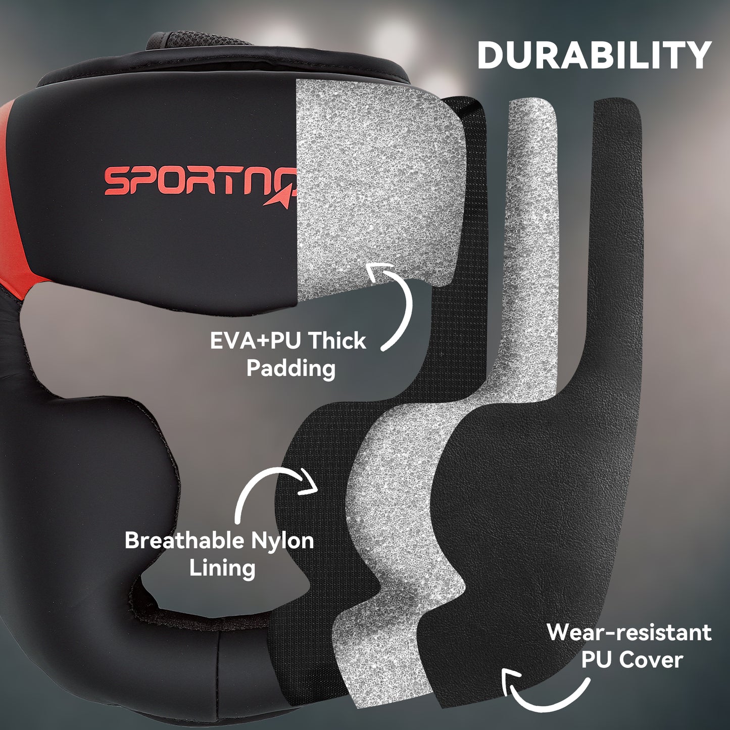 Boxing Headguard w/ Adjustable Strap for Sparring, Kickboxing, MMA, Red/Black