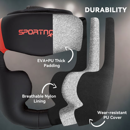 Boxing Headguard w/ Adjustable Strap for Sparring, Kickboxing, MMA, Red/Black