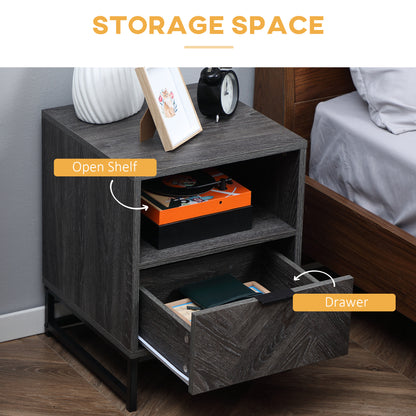 Bedside Table with Drawer and Shelf, Side End Table with Steel Legs for Living Room, Bedroom, Dark Grey