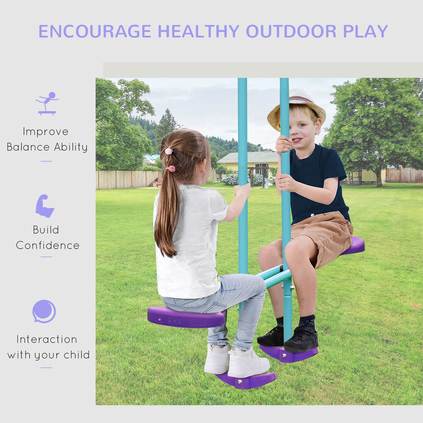 Metal Swing Set, with Seesaw, Adjustable Height, for Ages 3+ Years, Purple