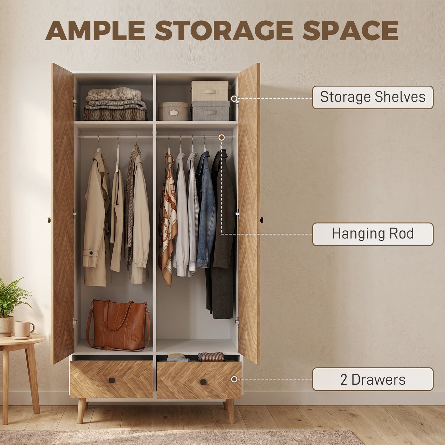 Cabinet Wood-Effect Sticker Surface, Modern Wardrobe with 2 Hanging Rods, 2 Storage Shelves and 2 Drawers, White