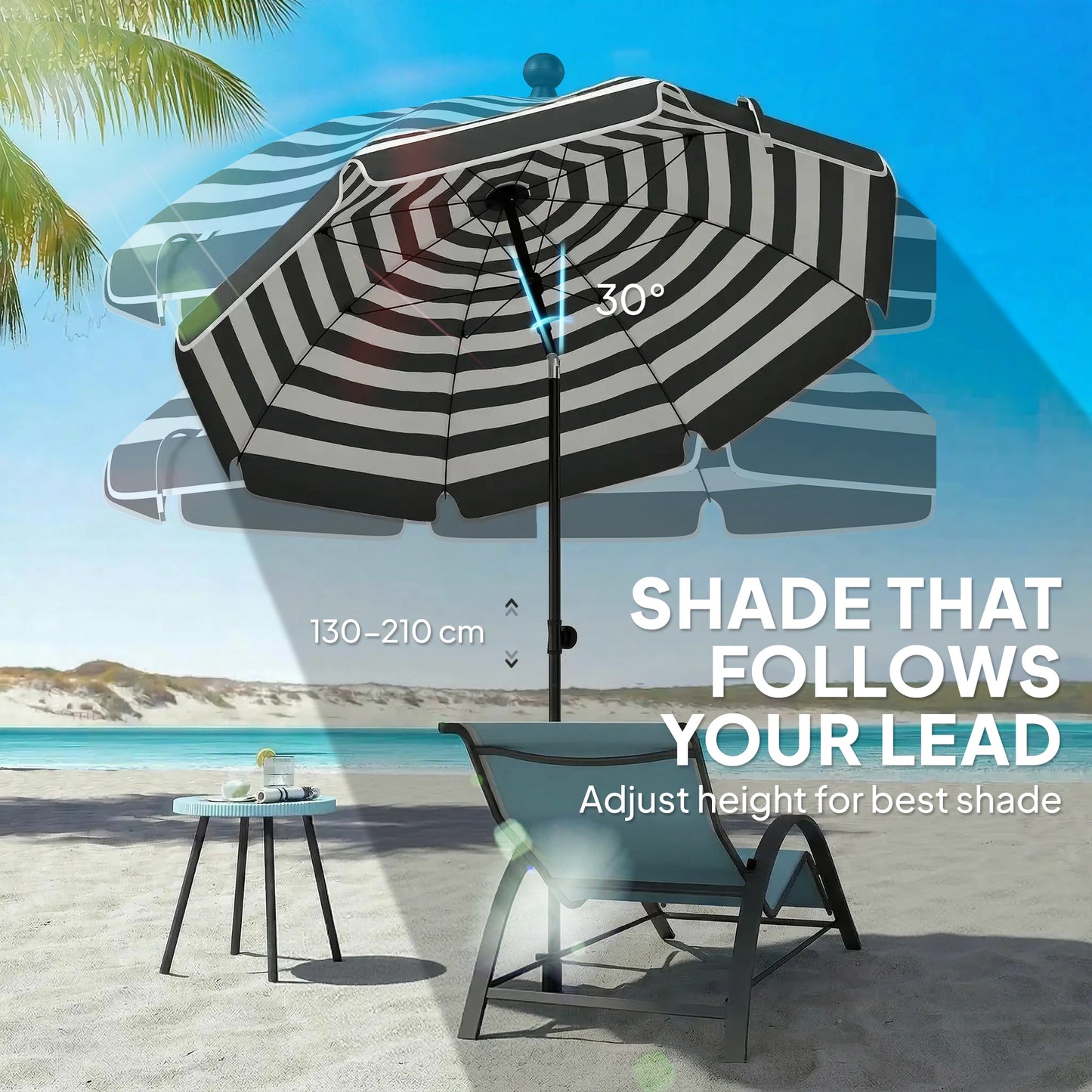 1.8 m Beach Umbrella Parasol with Sand Anchor, Portable 30° Tilting Patio Sun Shade with Adjustable Height, Grey/White