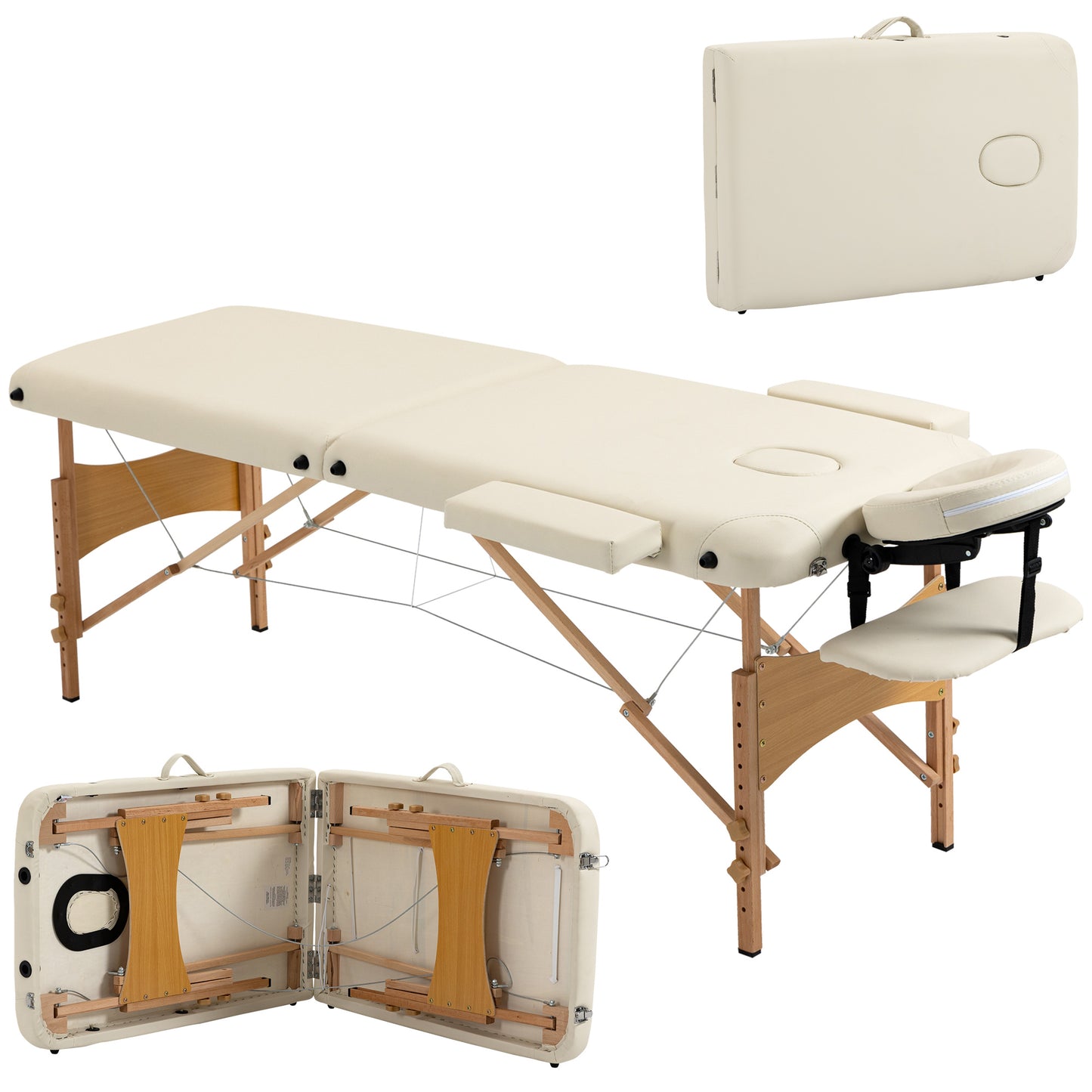 Portable Massage Bed, Folding Spa Beauty Massage Table with 2 Sections, Carry Bag and Wooden Frame, Cream