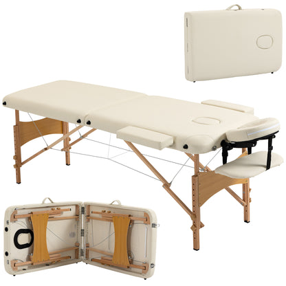 Portable Massage Bed, Folding Spa Beauty Massage Table with 2 Sections, Carry Bag and Wooden Frame, Cream