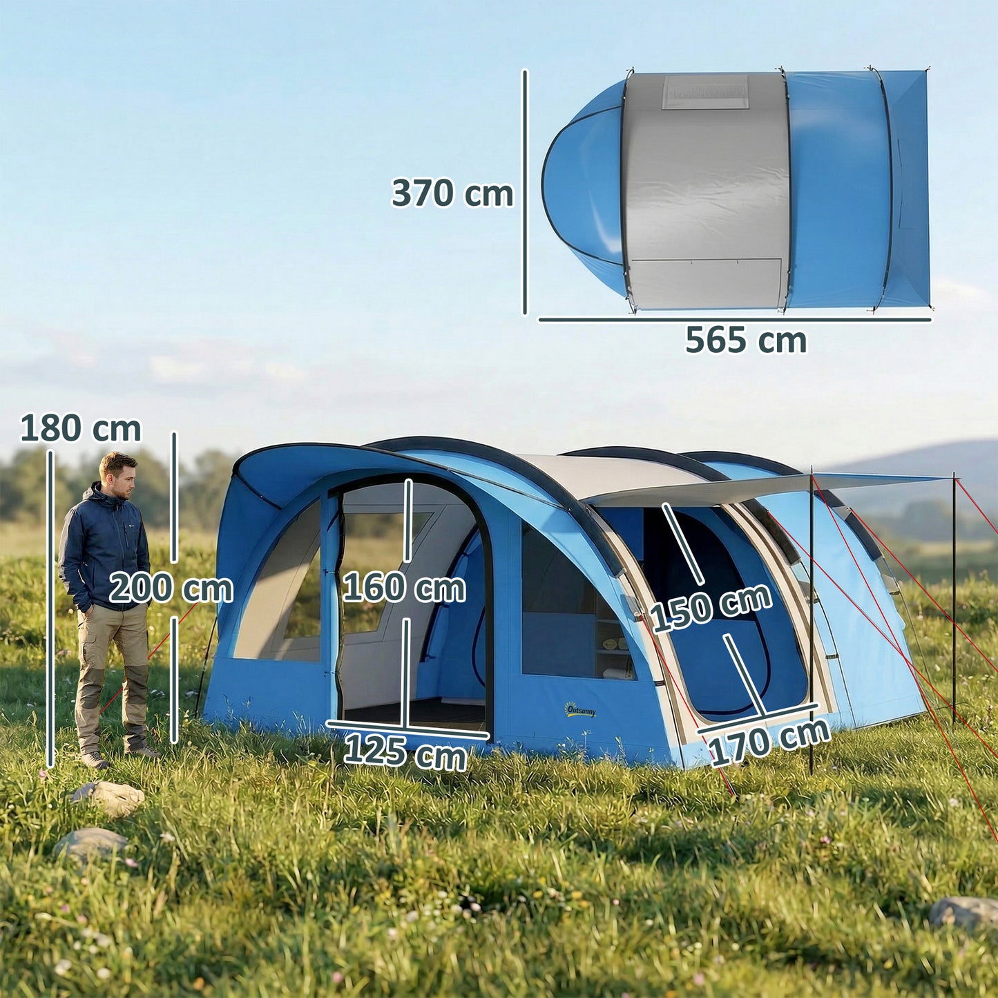 4 Person Easy Setup Family Camping Tent with 2 Rooms, Waterproof Tunnel Tent w/ Sewn In Groundsheet, Sky Blue & Grey