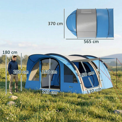 4 Person Easy Setup Family Camping Tent with 2 Rooms, Waterproof Tunnel Tent w/ Sewn In Groundsheet, Sky Blue & Grey