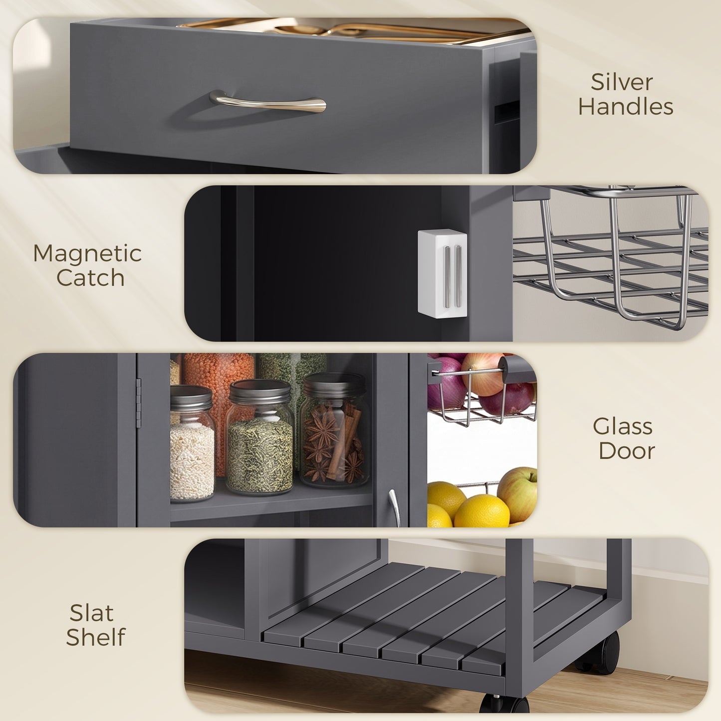 Bamboo Kitchen Island, Rolling Kitchen Trolley with Glass Door, 2 Metal Wire Baskets and Adjustable Shelf, Grey