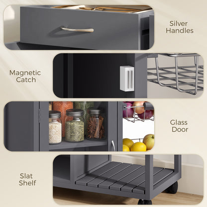 Bamboo Kitchen Island, Rolling Kitchen Trolley with Glass Door, 2 Metal Wire Baskets and Adjustable Shelf, Grey