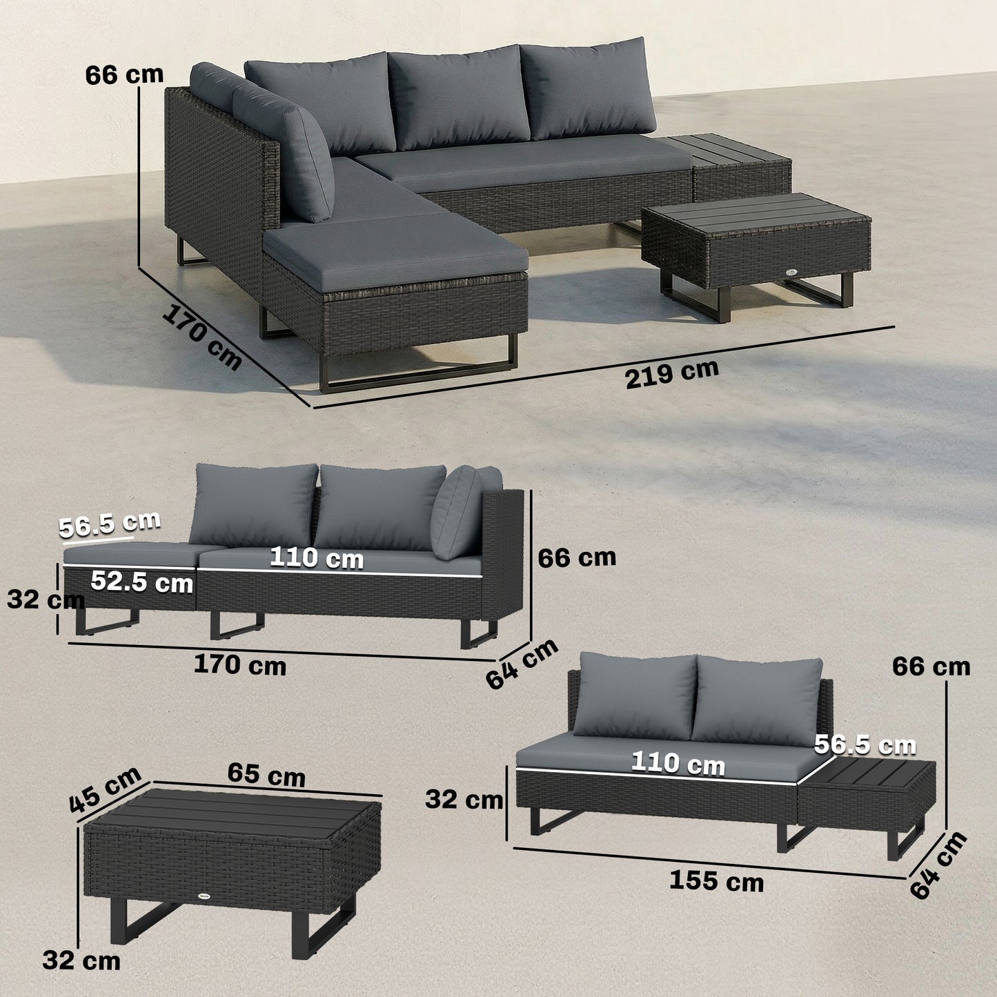5 Seater Rattan Garden Furniture Set, L Shaped Garden Corner Sofa, Adjustable Back, Faux Wood Table, Dark Grey