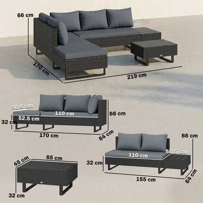 5 Seater Rattan Garden Furniture Set, L Shaped Garden Corner Sofa, Adjustable Back, Faux Wood Table, Dark Grey