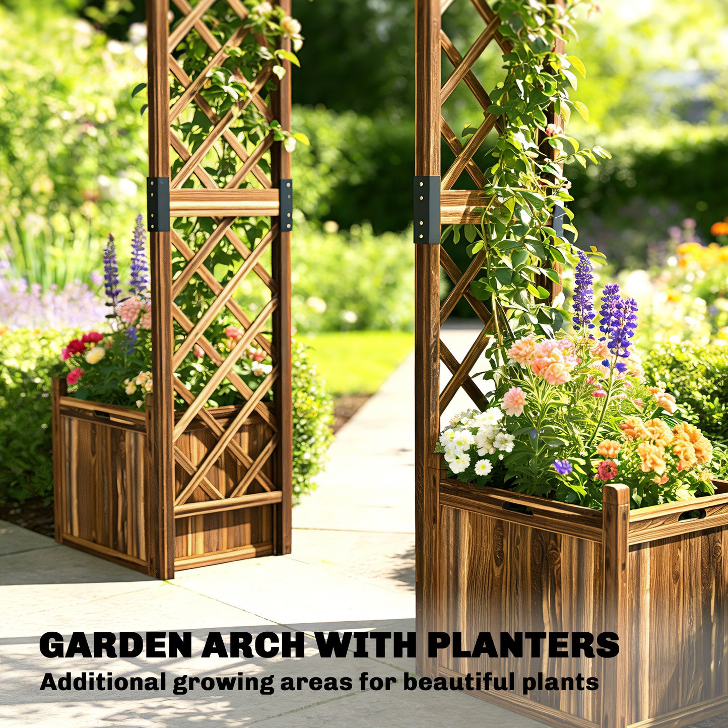 Wooden Garden Arch with 2 Planter Boxes, Outdoor Rose Arch Trellis for Climbing Vines, Carbonised