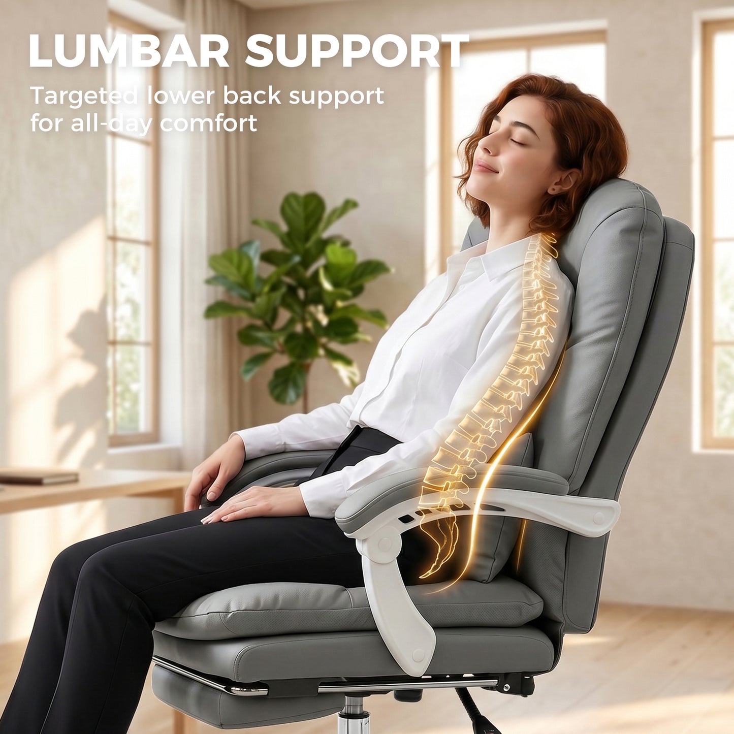 Ergonomic Executive Office Chair, Reclining Desk Chair with Lumbar Support, Footrest, Plush Thick Cushion, Grey